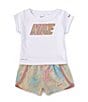 Color:Sand Drift - Image 1 - Little Girls 12-24 Months Short Sleeve Solid Logo Interlock T-Shirt & Printed Microfiber Shorts Set