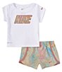 Color:Sand Drift - Image 2 - Little Girls 12-24 Months Short Sleeve Solid Logo Interlock T-Shirt & Printed Microfiber Shorts Set