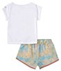 Color:Sand Drift - Image 3 - Little Girls 12-24 Months Short Sleeve Solid Logo Interlock T-Shirt & Printed Microfiber Shorts Set