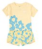 Color:Aquarius Blue/Soft Yellow - Image 1 - Little Girls 2T-6X Short Sleeve Floral Sprint Short 2-Piece Set