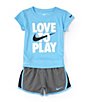Color:Blue/Black Heather - Image 1 - Little Girls 2T-6X Short Sleeve Love To Play T-Shirt & Shorts Set