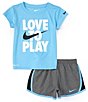 Color:Blue/Black Heather - Image 2 - Little Girls 2T-6X Short Sleeve Love To Play T-Shirt & Shorts Set