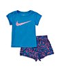 Color:Playful Pink/Light Photo Blue - Image 1 - Little Girls 2T-6X Veneer Woven Short Sleeve Solid Swoosh T-Shirt & Printed Shorts Set