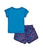 Color:Playful Pink/Light Photo Blue - Image 2 - Little Girls 2T-6X Veneer Woven Short Sleeve Solid Swoosh T-Shirt & Printed Shorts Set