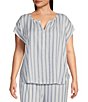 Color:Blue/White Stripe - Image 1 - Plus Size Striped Split Round Neck Cap Sleeve Coordinating Woven Sleep Top