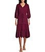 Color:Mulberry - Image 1 - by Westbound 3/4 Sleeve V-Neck Eyelet Detail Midi Dress