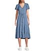 Color:Blue - Image 1 - by Westbound Petite Size Button Front Short Flutter Sleeve A-Line Chambray Midi Dress