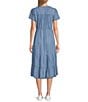 Color:Blue - Image 2 - by Westbound Petite Size Button Front Short Flutter Sleeve A-Line Chambray Midi Dress