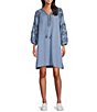 Color:Blue - Image 1 - by Westbound Petite Size Embroidered Tassel Tie Y-Neck 3/4 Sleeve Shift Dress