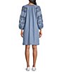 Color:Blue - Image 2 - by Westbound Petite Size Embroidered Tassel Tie Y-Neck 3/4 Sleeve Shift Dress