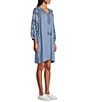 Color:Blue - Image 3 - by Westbound Petite Size Embroidered Tassel Tie Y-Neck 3/4 Sleeve Shift Dress