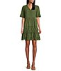 Color:Olive Moss - Image 1 - by Westbound Petite Size Short Sleeve V-Neck Eyelet Detail Scalloped Hem Short Dress