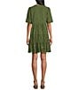 Color:Olive Moss - Image 2 - by Westbound Petite Size Short Sleeve V-Neck Eyelet Detail Scalloped Hem Short Dress