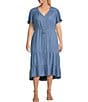 Color:Blue - Image 1 - by Westbound Plus Size Button Front Short Flutter Sleeve A-Line Chambray Midi Dress
