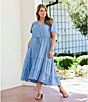 Color:Blue - Image 3 - by Westbound Plus Size Button Front Short Flutter Sleeve A-Line Chambray Midi Dress