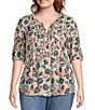 Color:Vine - Image 1 - by Westbound Plus Size Short Sleeve Split Round Neck Pintuck Yoke Button Front Top
