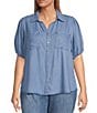Color:Blue - Image 1 - by Westbound Plus Size Woven Short Puff Sleeve Point Collar Curved Hem Button Front Top