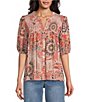Color:Bohemian - Image 1 - by Westbound Smocked Front Elbow Sleeves Button Down Top