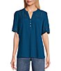 Color:Coast - Image 1 - by Westbound Woven Eyelet Embroidered Short Sleeve Scalloped Hem Henley Top