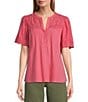 Color:Peony Blush - Image 1 - by Westbound Woven Eyelet Embroidered Short Sleeve Scalloped Hem Henley Top
