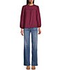 Color:Mulberry - Image 3 - by Westbound Woven Ruffle Crew Neck Long Sleeve Eyelet Blouse