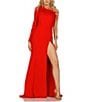 Color:Red - Image 1 - One Shoulder Feather Trim Long Sleeve Formal Gown