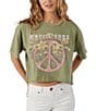 Color:Oil Green - Image 1 - Oversized Peace Flower Crop Graphic T-Shirt