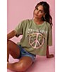 Color:Oil Green - Image 3 - Oversized Peace Flower Crop Graphic T-Shirt
