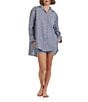 Color:Blue/White - Image 4 - Woven Striped Print Long Sleeve Notch Collar Button Front Nightshirt