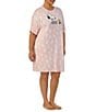 Color:Pink Print - Image 3 - Plus Size Jersey Knit Short Sleeve Round Neck Pink Snoopy Print Nightshirt