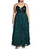 Color:Emerald - Image 1 - Plus Size Deep V-Neck Lace-Up Back Sequin Corkscrew Ruffled Dress