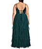 Color:Emerald - Image 2 - Plus Size Deep V-Neck Lace-Up Back Sequin Corkscrew Ruffled Dress