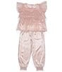 Color:Light Pink - Image 1 - Little/Big Girls 2T-10 Short Sleeve Sparkle Mesh/Crinkle Gauze Top & Matching Jogger Pant Set