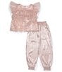 Color:Light Pink - Image 3 - Little/Big Girls 2T-10 Short Sleeve Sparkle Mesh/Crinkle Gauze Top & Matching Jogger Pant Set