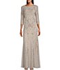 Color:Silver - Image 1 - 3/4 Sleeve Crew Neck Long Beaded Godet Gown