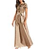 Color:Gold - Image 1 - Floral Lace Bodice Round Neck Short Sleeve Tie Waist Taffeta Gown