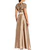 Color:Gold - Image 2 - Floral Lace Bodice Round Neck Short Sleeve Tie Waist Taffeta Gown