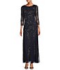Color:Navy - Image 1 - Petite Size 3/4 Sleeve Boat Neck Beaded A-Line Dress