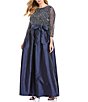 Color:Navy - Image 1 - Plus Size 3/4 Sleeve Beaded Bodice Round Neck Taffeta Gown