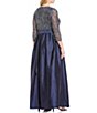 Color:Navy - Image 2 - Plus Size 3/4 Sleeve Beaded Bodice Round Neck Taffeta Gown