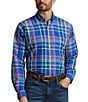 Color:Royal/Pink Multi - Image 1 - Big & Tall Classic-Fit Performance Stretch Plaid Oxford Long Sleeve Woven Shirt