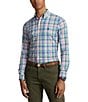 Color:Pink/Blue Multi - Image 1 - Classic Fit Plaid Performance Stretch Twill Long Sleeve Woven Shirt