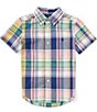 Color:Navy/Pink Multi - Image 1 - Little Boys 2T-7 Short Sleeve Plaid Poplin Shirt