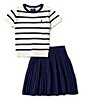 Color:Deckwash White/Newport Navy - Image 1 - Little Girls 2T-6X Puffed-Sleeve Striped Mini-Cable-Knit Sweater & Solid Skirt Set