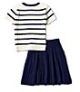 Color:Deckwash White/Newport Navy - Image 2 - Little Girls 2T-6X Puffed-Sleeve Striped Mini-Cable-Knit Sweater & Solid Skirt Set