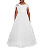 Color:White - Image 1 - Big Girls 7-16 Cap Sleeve Jeweled Waist Lace-To-Tulle Dress