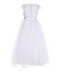 Color:White - Image 5 - Big Girls 7-16 Cap Sleeve Jeweled Waist Lace-To-Tulle Dress