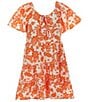 Color:Ivory/Orange - Image 1 - Big Girls 7-16 Short Sleeve Tie Front Fit & Flare Dress