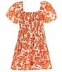 Color:Ivory/Orange - Image 2 - Big Girls 7-16 Short Sleeve Tie Front Fit & Flare Dress