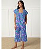 Color:Crocus - Image 4 - Short Sleeve Square Neck Pintuck Detail Woven Hummingbird Floral Print Cropped Pajama Set